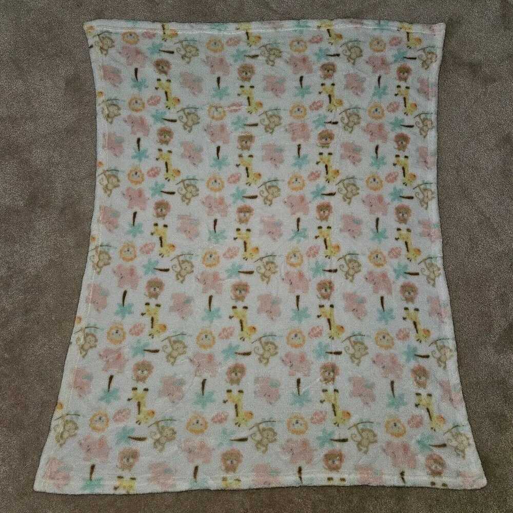 Baby Starters Safari Blanket Lion Giraffe Monkey Pink Elephant Palm Tree 30x36